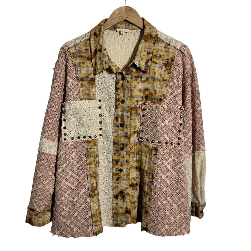 Pol Patchwork Oversized Boho Studded Button Up To… - image 1